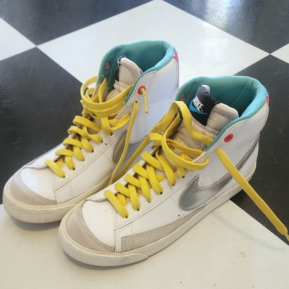 Nike White and Silver High-Tops with Yellow Laces